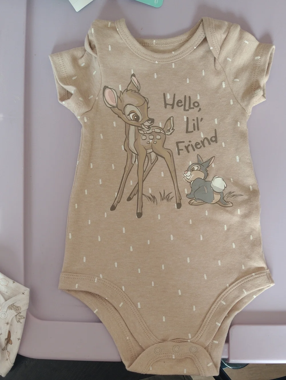 Disney Beige 'Hello, Lil' Friend' Baby One-Piece Bodysuit